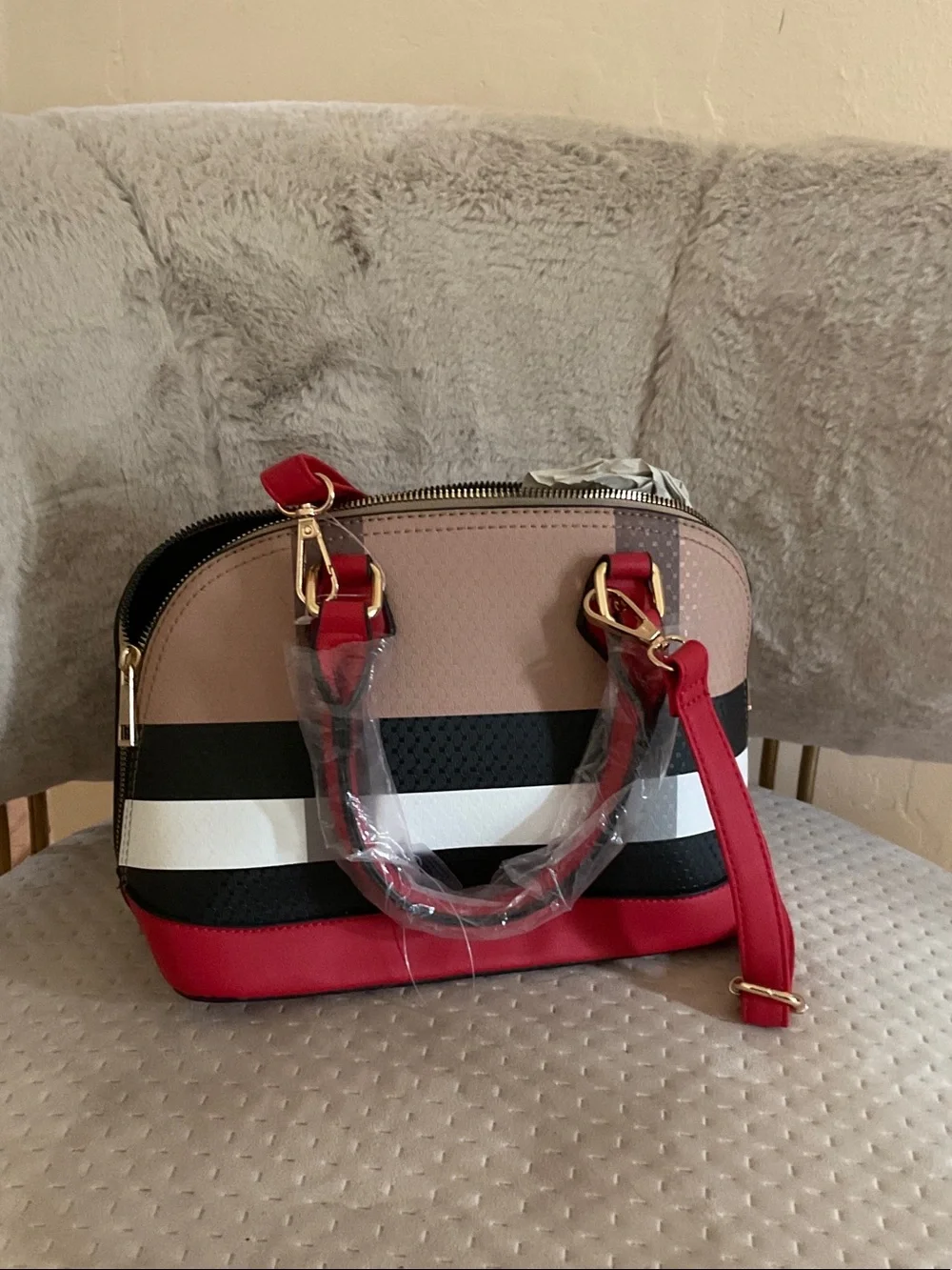 New Multi-Color block Women’s Satchel Bag with Red Accents